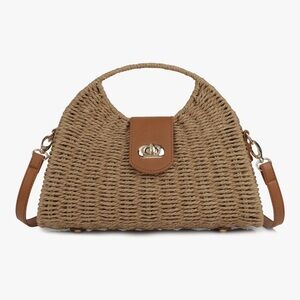 🆕 Woven Straw Tote Bag with Tan Leather Trim